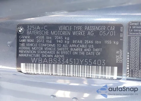 2001 BMW 325 Ci from USA, damaged, VIN WBABS33451JY55403